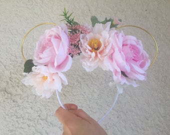 Pink Rose Garden Floral Mickey Mouse Ears