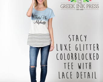 Stacy Luxe Glitter "Theta Phi Alpha Logo" Colorblocked Tee with Lace Detail