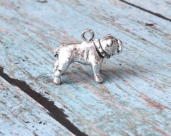 Bulldog charms 3D pewter (1 piece) - silver bulldog pendant, dog breed charm, English bulldog charm, pewter dog charm, Georgia charm, UU12