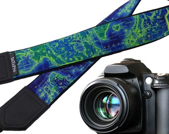 North America, Europe, Australia, South America map camera strap. Dark blue, lime. World map camera strap. Bright gifts for travelers!