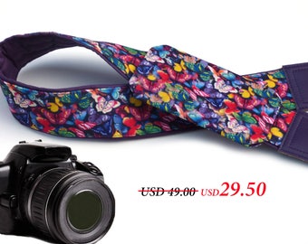 Purple Camera strap with lens pocket. Colorful Butterflies camera straps. DSLR and SLR strap. Camera accessories by InTePro