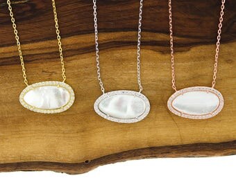 925 Sterling Silver CZ Mother of Pearl Necklace, Lab Diamond