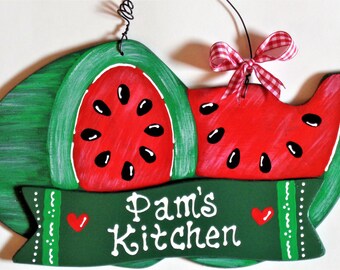 Personalized WATERMELON Kitchen SIGN Wall Hanger Hanging Plaque Handcrafted Hand Painted Country Wood Crafts Decor