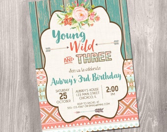 Young wild and three birthday Invitation, tribal birthday invitation, third birthday invitation, 3rd birthday, aztec Printable Invitation
