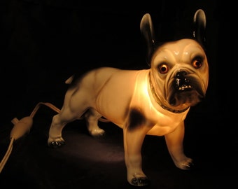 Art deco bulldog night light, antique adorable bull, ca 1930; porcelain veilleuse, TV lamp, dog glass eyes, fragrance perfume burner