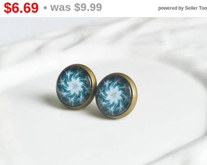 ABSTRACTION Stud Earrings metal brass depicting fashionable art, Vintage, Glamour, Style, Blue and Grey, Art,Galaxy