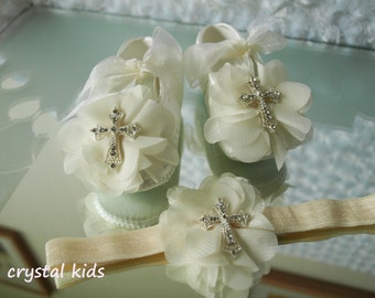 Baby Girls Reborn Ivory Satin Christening Shoes Baptism Shoes Wedding Shoes Crystal Pram Shoes Headband Set 0-3, 3-6, 6-12 Months