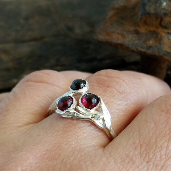 Garnet ring stackable gemstone rings silver branch ring