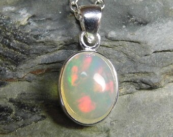 Opal Pendant Necklace Sterling Silver Ethiopian Opal Necklace Natural Opal Cabochon Fire Opal 10x8