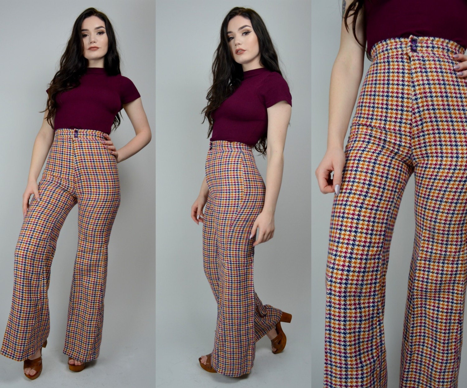 Penny 25 1970s High Waisted Plaid Pants 70s Fitted