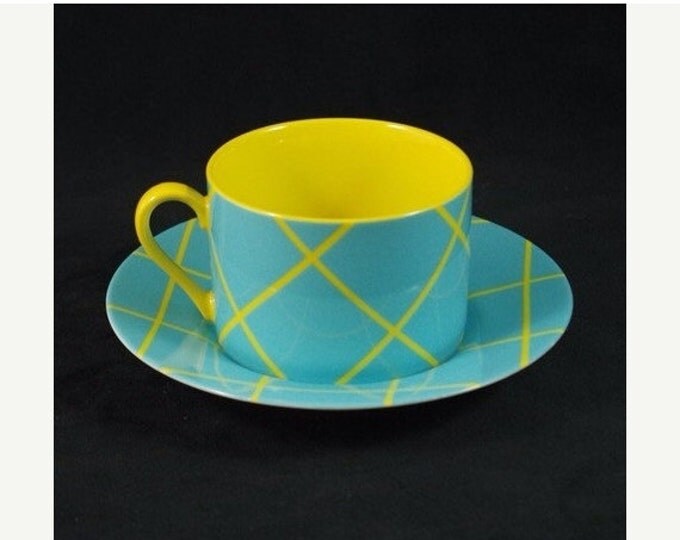 Storewide 25% Off SALE Vintage Set Of 4 Fitz And Floyd Fine Porcelain Windowpane Pattern Cup & Saucer Set Featuring Sunshine Yellow Design