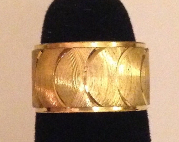Storewide 25% Off SALE Vintage Gold Tone Textured Crescent Wide Cuff Ring Band Featuring Brushed Scroll Design Finish