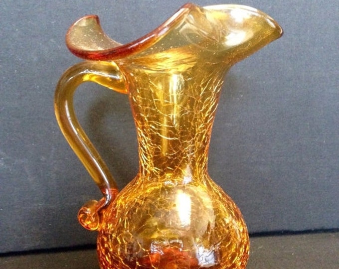 Storewide 25% Off SALE Vintage Blenko Inspired Amber Crackle Glass Petite Handled Serving Pitcher Featuring Folded Pouring Spout With Bubble