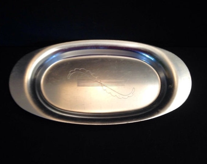 Storewide 25% Off SALE Vintage Oblong Kensington Silver Plate Butter Serving Tray Featuring Simple Classical Music Note Style Design