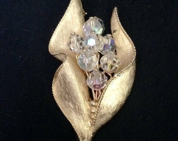 Storewide 25% Off SALE Vintage Gold Tone Lily Of The Valley Emmons Designer Signed Cocktail Brooch Featuring Textured Design & Clear Beaded