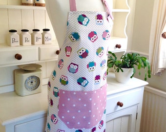 Owls Ladies' Apron, Owls and Pink Dotty Apron, Adjustable Full Apron, Women's Apron