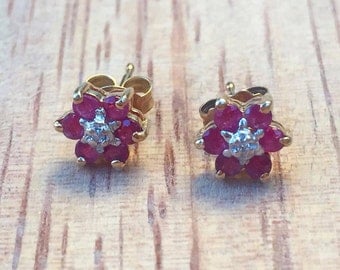 SALE! 14K Ruby And Diamond Flower Earrings