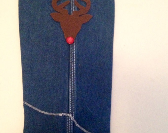 HALF PRICE ** Rudolph Reindeer Christmas Stocking made from Upcycled Wrangler blue jeans. Rudolph with Big Red Nose appliqued on each side