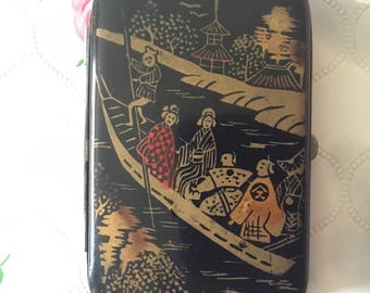 Vintage cigarette case metal black lacquer Japanese cigarette case oriental image business card case foreign made tabacco case