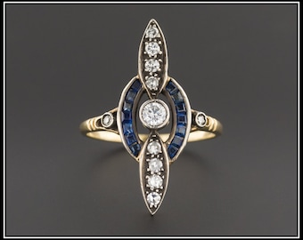 Art Deco Sapphire and Diamond Ring | 18k Gold Ring | Art Deco Ring | Pilot Ring | Stewardess Ring |Vintage Ring