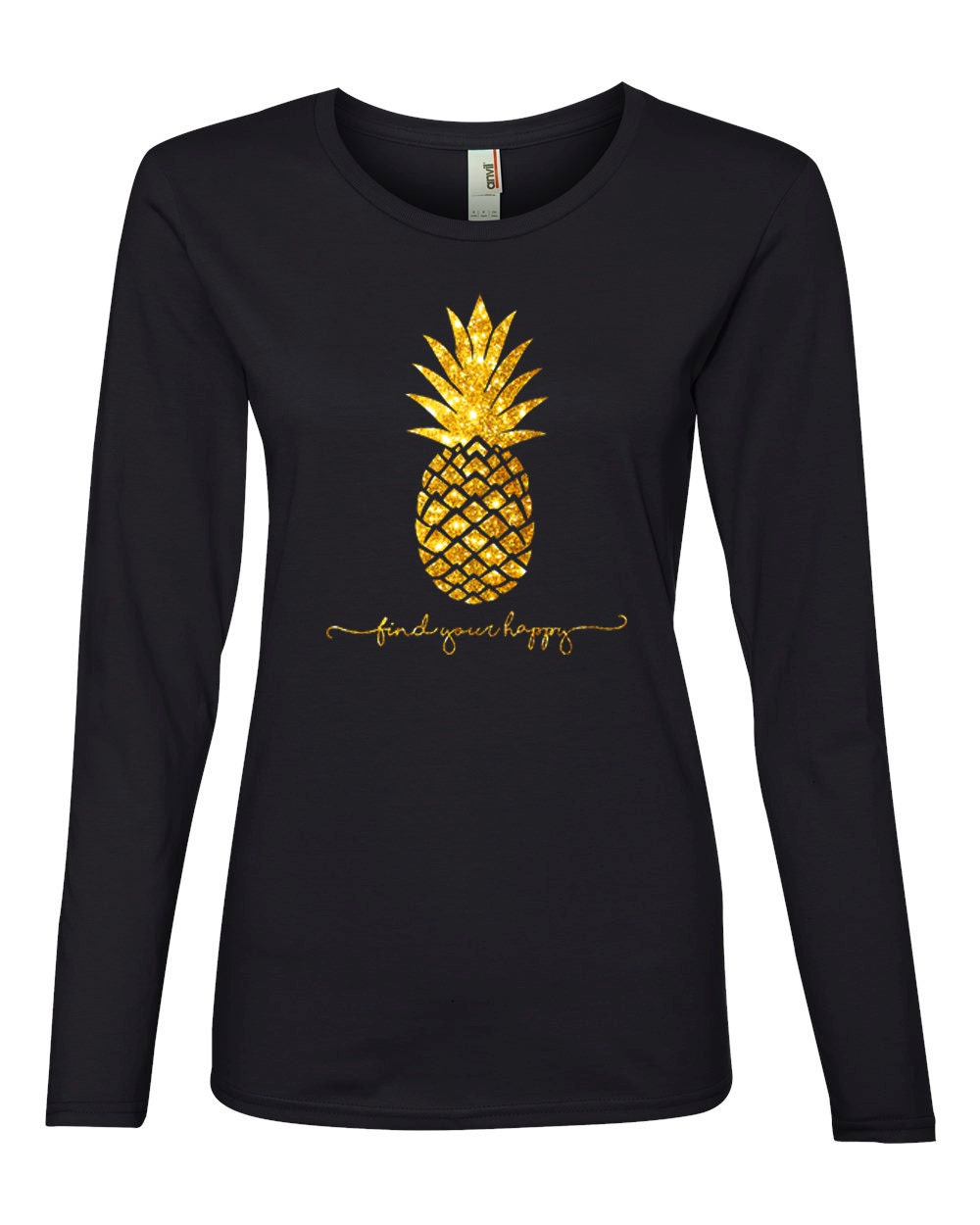 Pineapple Long Sleeve Shirt Full Front Logo in Gold Glitter or