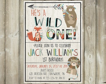 Wild One Birthday Invitation - Boy First Birthday Invite - Boho Tribal Animals - DIGITAL FILE