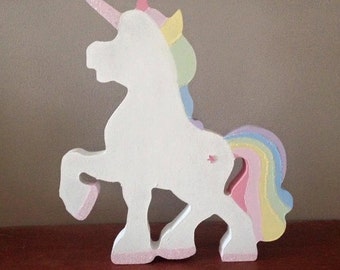 Freestanding wooden Unicorn, Rainbow Mane and Tail