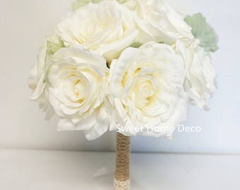 JennysFlowerShop Super Soft Silk Rose Wedding Bouquet in White Bridal Bridesmaid Flower Girl Toss Bouquet Boutonniere