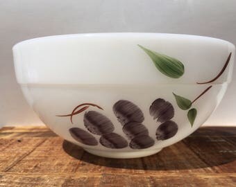 Vintage Fire King Fruit Mixing Bowl... Grapes. Pear. Cherry. Peach. Hand Painted. Glass. USA. White. Yellow. Green. Red. Purple 1950's.