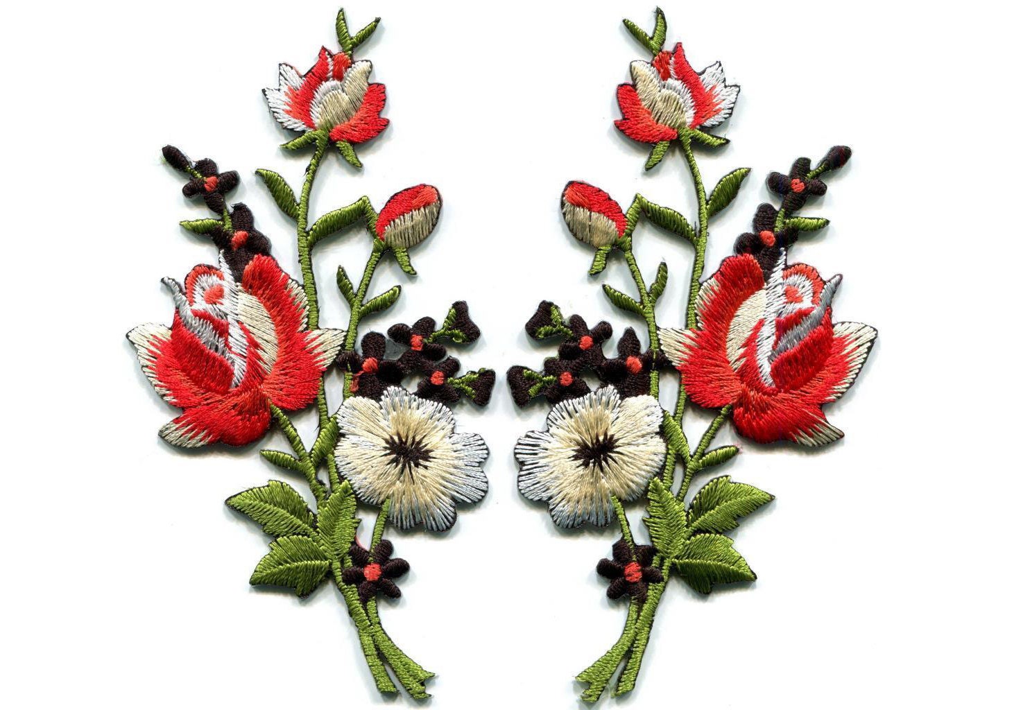 Embroidered flower Patch Black & red roses pair flowers