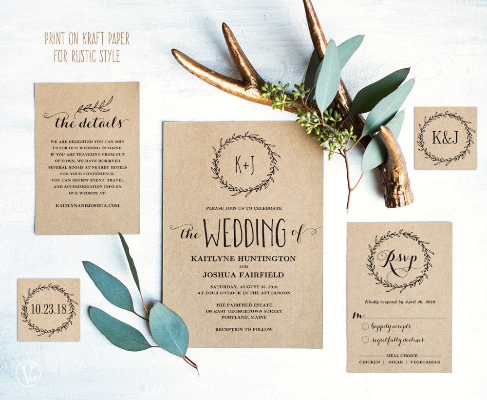 Classic Wreath Wedding Invitation Template Rustic Zoom