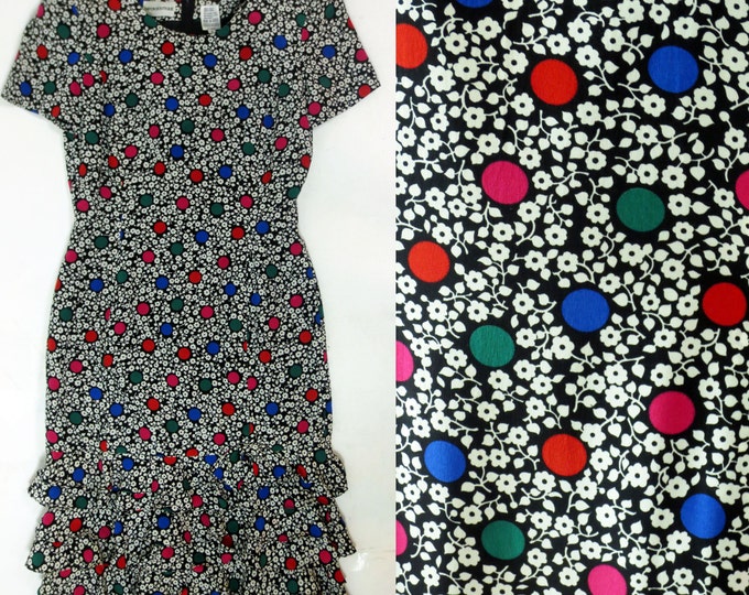 80s Albert Nipon tiered ruffled hem polka dot floral printed silk dress