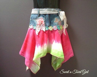 BABY DENIM SKIRT, denim party skirt, fairy skirt, 6 month 1 year old, birthday skirt, pixie skirt, boho denim skirt, pink green, hanky skirt