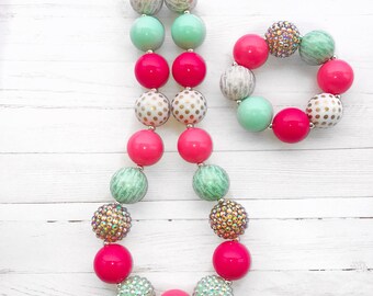 Arrow Necklace, Bubblegum Necklace, Colorful Boho Chunky Necklace, Mint and Pink Chunky Bubblegum Boutique Jewelry, Whimsical Jewelry