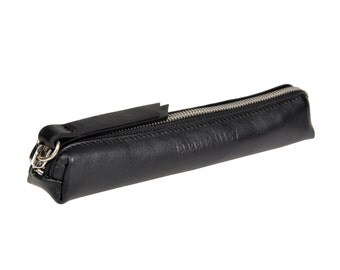 Black Leather Pencil Case with Emerald Satin Lining