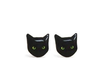 Black Cat Earrings - Cat Stud Earrings - Black Cat Stud Earrings - Hypoallergenic Surgical Steel Earrings - Green Eye Cat Earrings