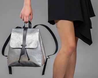 Leather Mini backpack, silver leather backpack, Leather Tote bag, women bag, woman small backpack, handmade backpack, womens backpack,