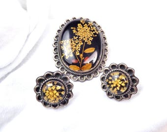 Mexico Sterling Silver Pendant Earrings Pin Brooch Set Vintage Lucite Dried Flowers Old Mexican