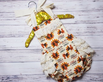 Baby Girl Thanksgiving Outfit, Turkey Ruffle Romper, Thanksgiving romper, Thanksgiving outfit, fall baby romper, gobble til you wobble