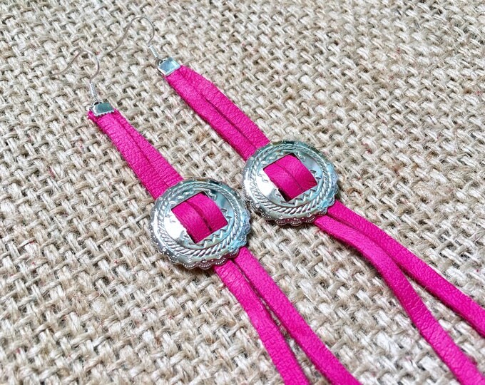 Pink Concho Earrings, Pink Suede Earrings, Concho Earrings, Tassel Earrings, Suede Earrings, Concho Jewelry, Suede Concho Earrings