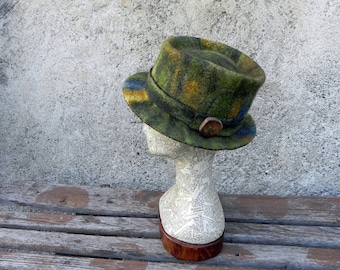 Unique green fedora felted hat, artistic fedora felt hat, unique felt hat, green yellow brown one of a kind felt hat OOAK