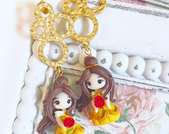 Fimo Polymer Clay Earrings earrings Kawaii Cute Chibi Belle Disney Princess Pink Rose Beautiful Handmade tiny Princess Gift Beast Beauty