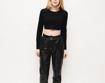 High Waisted Black Leather Pants- Vintage, 80s, Xtra Small, Mom Pants