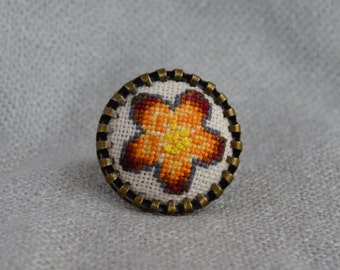 Orange flower ring Hand embroidery Embroidered jewelry Embroidered flower Cross stitch ring Gift for her Round ring Women gift Orange ring