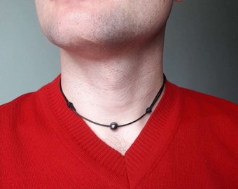 Mens Necklace Hematite Necklace Mens Cord Choker Black necklace leather necklace Surfer Necklace Adjustable Necklace Mens Gift for him