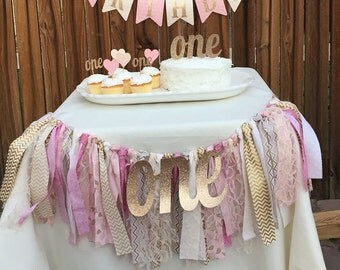 ONE High Chair Banner, Rag Tie Garland, 1st Birthday Pink Decor, Photo Prop, Birthday Banner,
