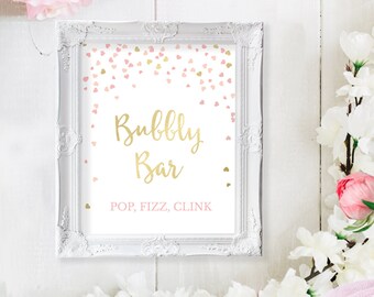 Bridal Shower Bubbly Bar Sign - Pink Bridal Shower Printable Signs - Bridal Bubbly Sign - Wedding Champagne Sign - Pink and Gold Hearts