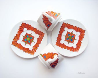 Painted ceramics Set of 2 Tea cup and saucer Original design Orange ornament Copper decor Mediterranean Painted tea cup Orange floral decor