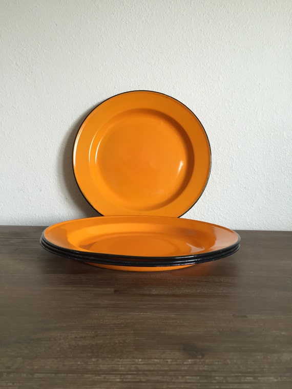 Vintage Enamel Plates Orange Enamel Plate Set Enamel Serving