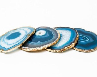 Agate Coasters-Set of 4-Gold Finish-Gold Edge-Coasters-Housewarming Gift-Wedding Gift-Home Decor-Teal Pink Purple Sliced Stone Agate Coaster